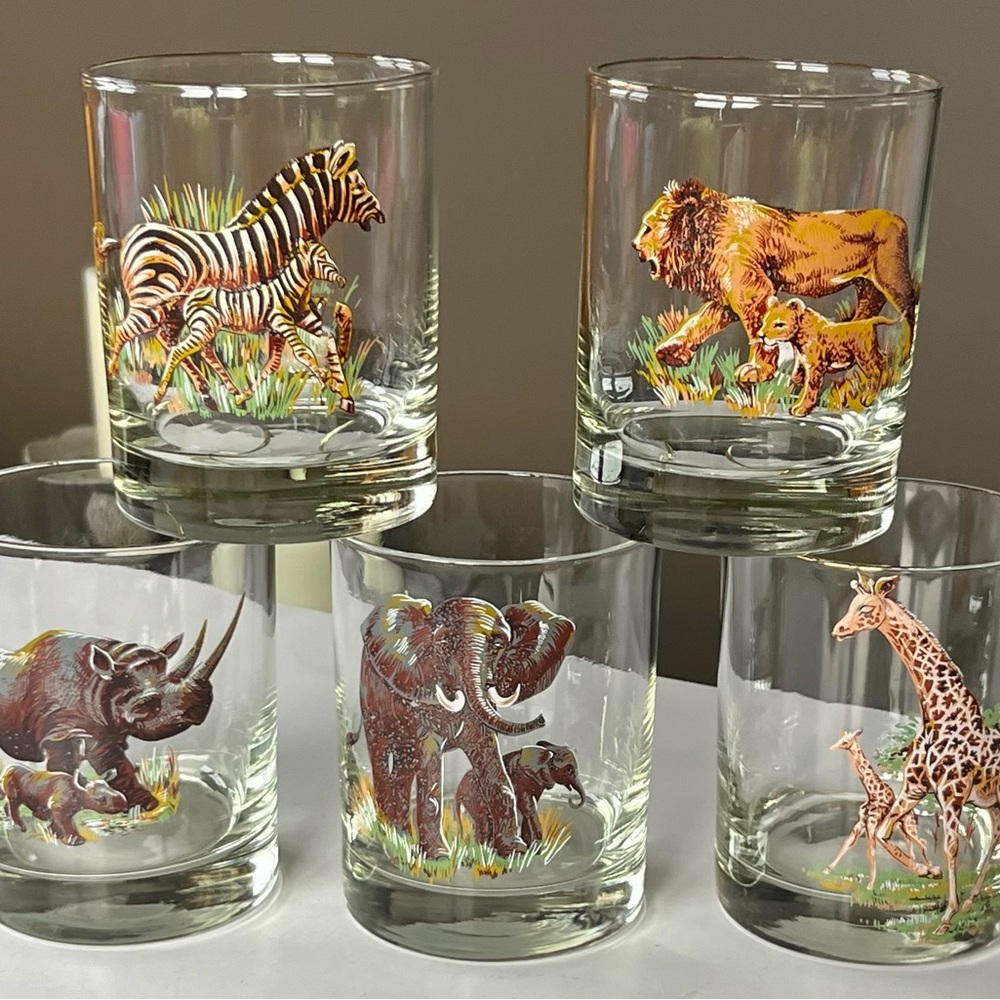 Sigma Tastesetter blown glass gold rimmed African Wildlife glassware set/6